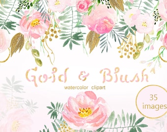 Blush pink and gold watercolor clip art. Pink  watercolour wreath, header, watercolor flowers. Wedding invitations. Peonies.