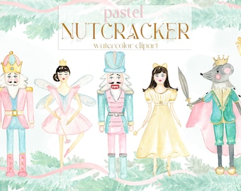 Nutcracker Clip Art, Watercolor Christmas PNG. Printable New Year clipart Soft Pink and green