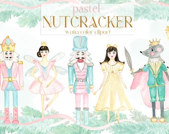 Nutcracker Clip Art, Watercolor Christmas PNG. Printable New Year clipart Soft Pink and green