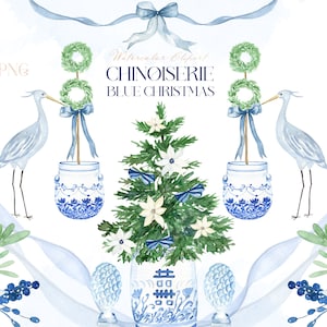 Blue Chinoiserie Christmas Topiary. Blue Watercolor Clipart | Chinoiserie Print