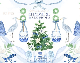 Blue Chinoiserie Christmas Topiary. Blue Watercolor Clipart | Chinoiserie Print