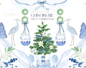 Blue Chinoiserie Christmas Topiary. Blue Watercolor Clipart | Chinoiserie Print