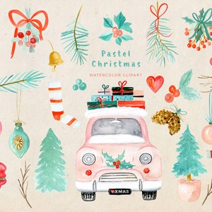 Pastel Christmas Christmas Clipart Watercolor Holiday Clip Art Winter clipart New Year clipart Mistletoe Vintage car image 5