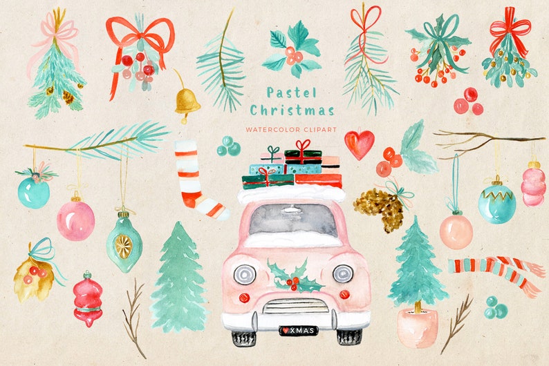 Pastel Christmas Christmas Clipart Watercolor Holiday Clip Art Winter clipart New Year clipart Mistletoe Vintage car image 5