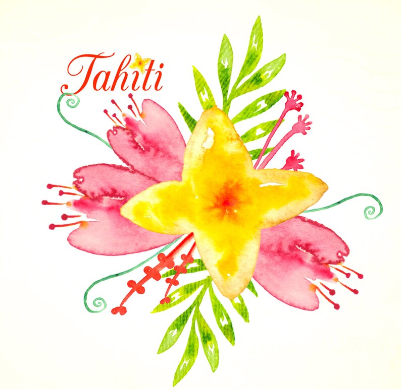 Digital Watercolours Clipart Hand Drawn Tahiti Romantic Wedding Bouquet Bright Red Yellow Orange Flowers Blog Cards Invitations