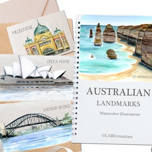 Australische Sehenswürdigkeiten, Aquarellillustration. Aquarell-Clipart. Druckbar. Digitale Downloads.