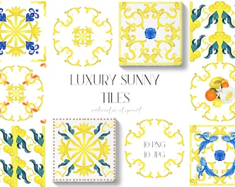 Watercolor Tiles -Luxury Sunny Tiles - Watercolor Mediterranean, Italian,  Greek, Moroccan Tiles. Watercolor clipart. Wedding clip art.