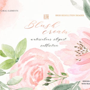 Blush cream watercolour flowers clipart, hand drawn: Elements, textures, patterns, washes. Soft blush pink and peach colors. Peonies. image 1