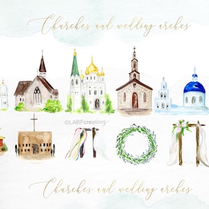 Clipart mit Aquarell-Kirchen- und Hochzeitsbögen. Aquarell-Clipart, handgezeichnet. Story-Ersteller, Logo-Ersteller, Ersteller einer Hochzeitszeitleiste.