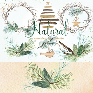 Natural winter forest PINE watercolor Clipart Winter watercolor, mint green, branches, wedding invitation, wreath and arrangements, wood. image 5