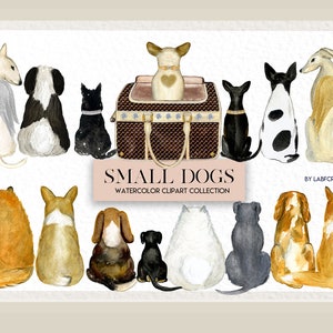 Dog watercolor clipart. Small Dogs breeds | Pet clip art. Luxury accessories for dogs, backs of dogs, print creator. Dog lovers gift. Gold.