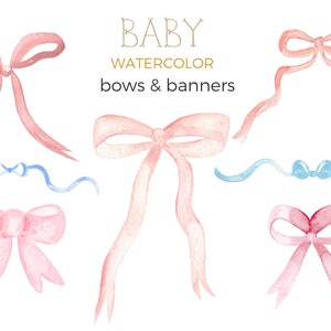 Watercolor Bows and Banners Clipart. Baby Shower. Nursery art. Kids Watercolor. Baby accessories image 1