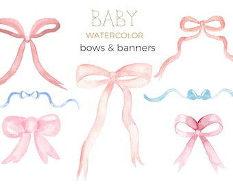 Può includere: Illustrazioni ad acquerello di fiocchi e banner nei toni del rosa e del blu. L'immagine include vari disegni di fiocchi con lunghi nastri fluenti ed elementi di banner. Il testo in alto recita "BABY WATERCOLOR bows & banners."