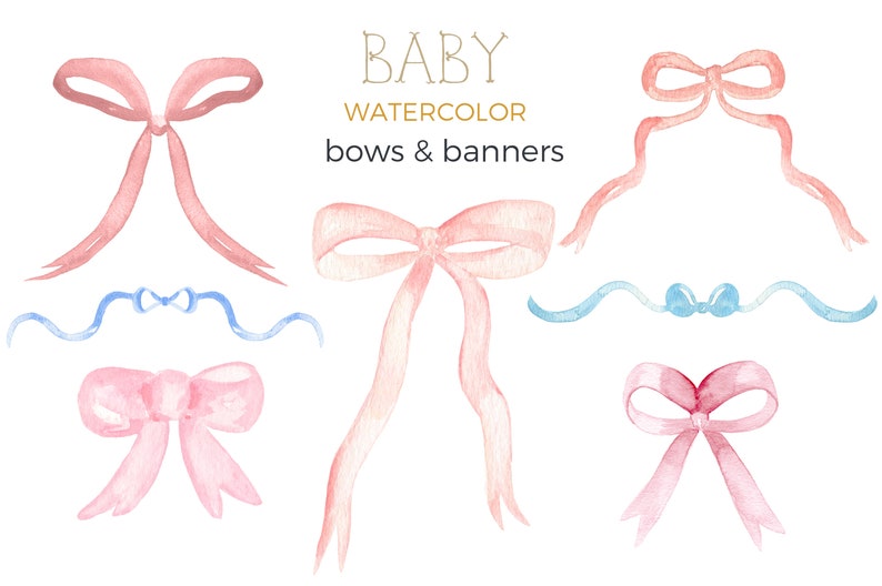 Watercolor Bows and Banners Clipart. Baby Shower. Nursery art. Kids Watercolor. Baby accessories image 1