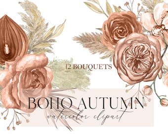 Boho Autumn Watercolor Flowers. DIY Elements  Rust  Beige fall FLOWERS. Orchid Flowers Dry Palm Leaves Watercolor clipart.