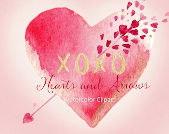 Hearts and arrows floral Watercolor clipart , clipart hand drawn.  Valentines day clip art. Love clipart.