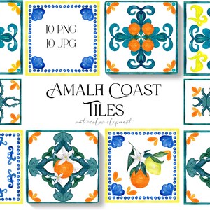 Watercolor Tiles -Amalfi Coast Tiles - Watercolor Mediterranean, Italian,  Greek, Moroccan Tiles. Watercolor clipart. Wedding clip art.