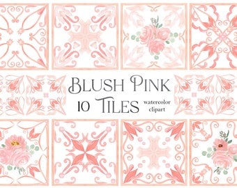 Watercolor Tiles -Blush Pink and Roses Tiles - Watercolor Italian,  Greek, Moroccan Tiles. Watercolor clipart. Wedding clip art.