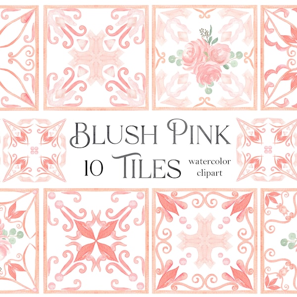 Watercolor Tiles -Blush Pink and Roses Tiles - Watercolor Italian,  Greek, Moroccan Tiles. Watercolor clipart. Wedding clip art.