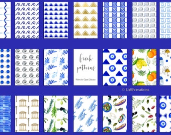 Seamless Patterns and Greek watercolor textures. digital papers.   Greece. Santorini.