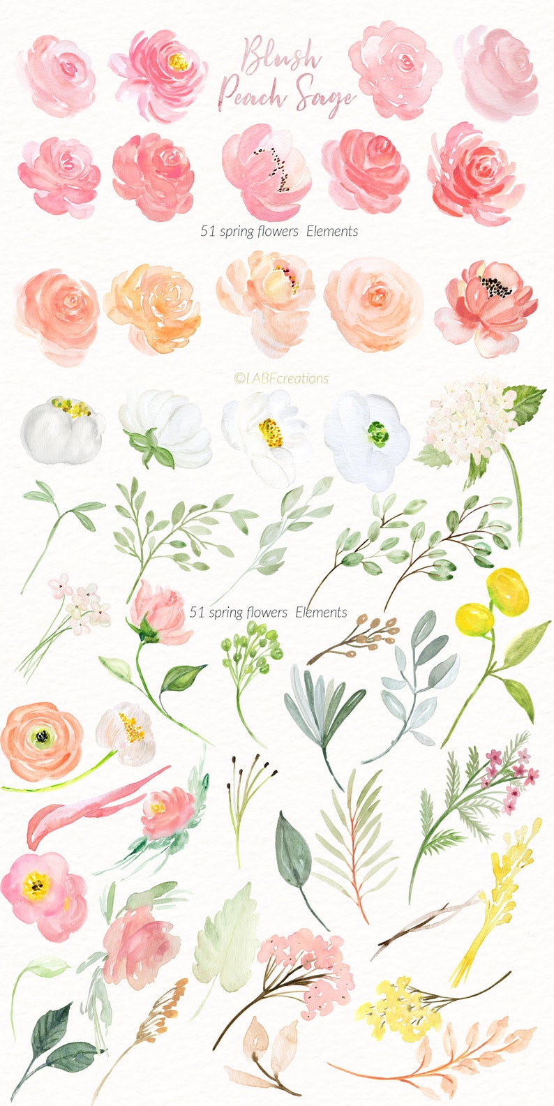 Blush pink, Peach, Sage green. ELEMENTS. Floral Watercolor clipart collection. Wedding clipart. image 1