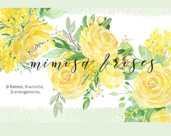 Mimosa & roses watercolor clip art,hand drawn. Frames, wreaths and arrangements. Roses, peony, spring garden wedding, yellow flowers