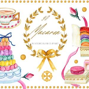 Makronen | Französische Makrone | Aquarell Clipart | Gebäck-ClipArt | Vintage Teetasse | Hochzeits-Clipart | Luxus-Branding | Bäckerei Clipart