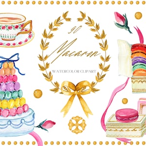 Macaron | French Macaroon | Watercolor Clipart  | Pastry Clip Art | Vintage Tea Cup | Wedding Clipart | Luxury Branding | Bakery Clipart