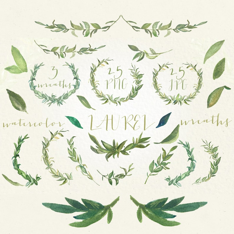 May include: Watercolor illustrations of laurel wreaths and leaves in various arrangements. The image includes three wreaths, leaf sprigs, and individual leaves in shades of green. Text includes "watercolor," "LAUREL," and "wreaths."