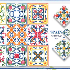 Watercolor Tiles -Bright Red, orange, Blue Tiles - Watercolor  Spanish Italian,  Greek, Moroccan Tiles. Watercolor clipart. Wedding clip art
