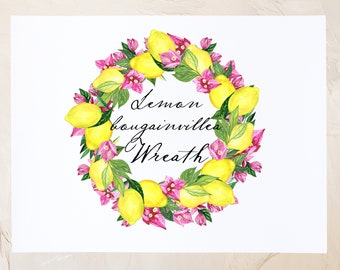 Limones Bougainvillea. Clipart de corona de acuarela. Clip art de limones amarillos y flores blancas. PNG I Acuarela Prediseñada de boda