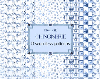 Patterns Blue toile Chinoiserie  | Watercolor Clipart | Chinoiserie Print |  Monkey Staffordshire Dogs Pagoda