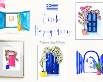 Greece, Santorini, Crete, Rhodes Watercolor maps. Colorful door arrangements. Greek motifs.