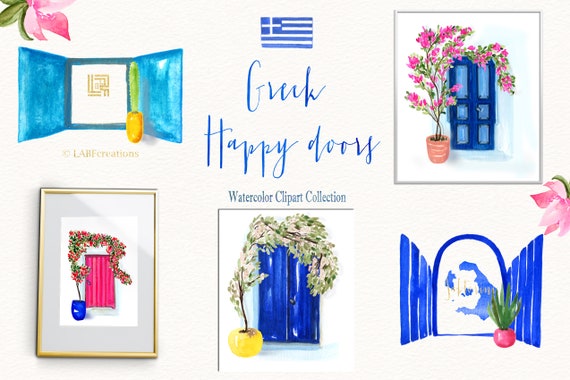 Greece, Santorini, Crete, Rhodes Watercolor maps. Colorful door arrangements. Greek motifs.