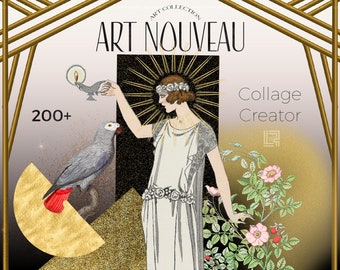 May include: A digital collage creator featuring over 200+ Art Nouveau style images. The image shows a woman in a white dress with a floral crown, a gray parrot, and a rose bush. The text "Art Nouveau Collage Creator" is displayed at the top of the image.