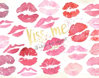 Kisses watercolor clipart ,  lips print clipart hand drawn.  Valentines day clip art. Love clipart.