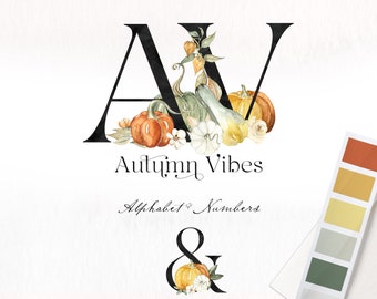 Alphabet & Numbers With Pumpkins and Black Letters  Autumn Vibes. Rust Beige fall FLOWERS. Watercolor clipart.