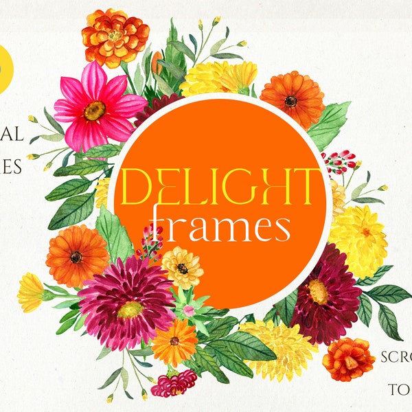 Bright  Floral Frames | Summer Greenery | Delight | Summer Flowers | Marigold | Watercolor Clipart | Spring Wedding | Hot Pink | Mexico