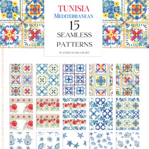 Watercolor Seamless patterns Tiles Bright Red and Blue Tiles -Watercolor Tunisian Spanish Italian,  Greek, Moroccan Tiles.