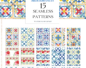 Watercolor Seamless patterns Tiles Bright Red and Blue Tiles -Watercolor Tunisian Spanish Italian,  Greek, Moroccan Tiles.