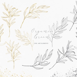 Olive branches .Organic Green. line art. Watercolor Clipart. Olive branches grey and gold. Wedding invitation