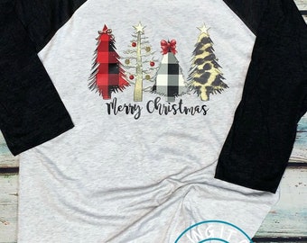 Merry Christmas Trees with buffalo, leopard print on baseball tee - you pick shirt color