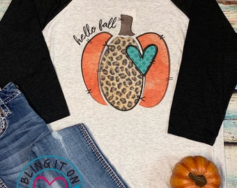 Hello Fall with leopard pumpkin design on Next Level baseball tee- vintage black sleeves - youth or adult size