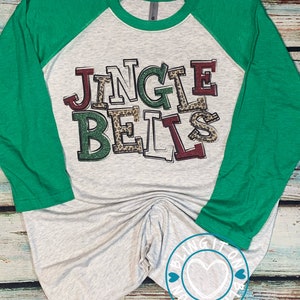 Jingle Bells Christmas design on Next Level baseball tee - youth or adult size