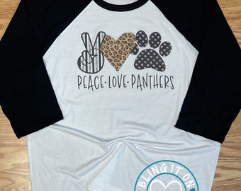 Peace ~ Love ~ Panthers Bella & Canvas baseball tee ~ unisex size ~