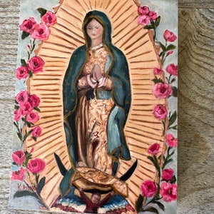 Our Lady of Guadalupe Art Print, Floral Madonna, Mounted on Wood