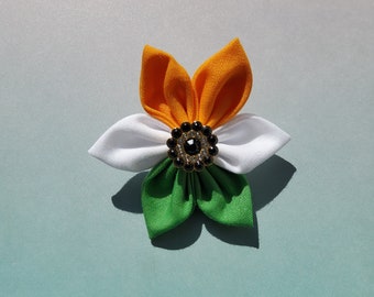 India fabric flower Pin badge brooch with rhinestones. Indian flag