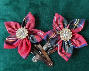 Handmade Luxury Red tartan hair clip clasp accessory girls women