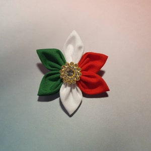 Könnte beinhalten: Eine grüne, weiße und rote Stoffblume mit einem goldenen und klaren Strassstein in der Mitte.