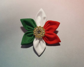 Italian fabric flower Pin badge brooch with rhinestones. Italy flag
